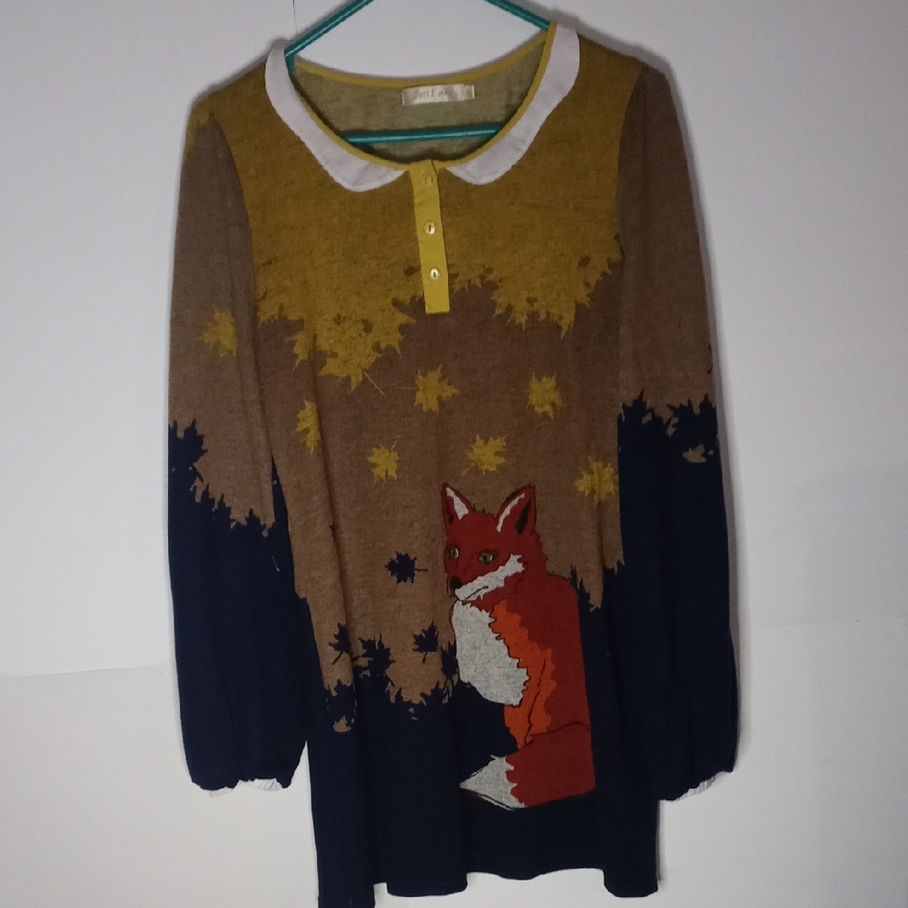 Just Funky Fun Long Sleeve Fox With Falling Leaves Top